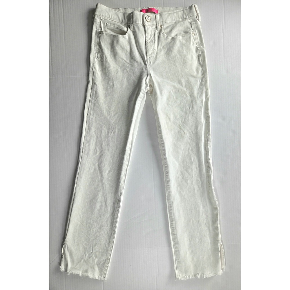 Lilly Pulitzer Jeans Women 2 White Straight Leg Frayed Hem Side Slit Stretch